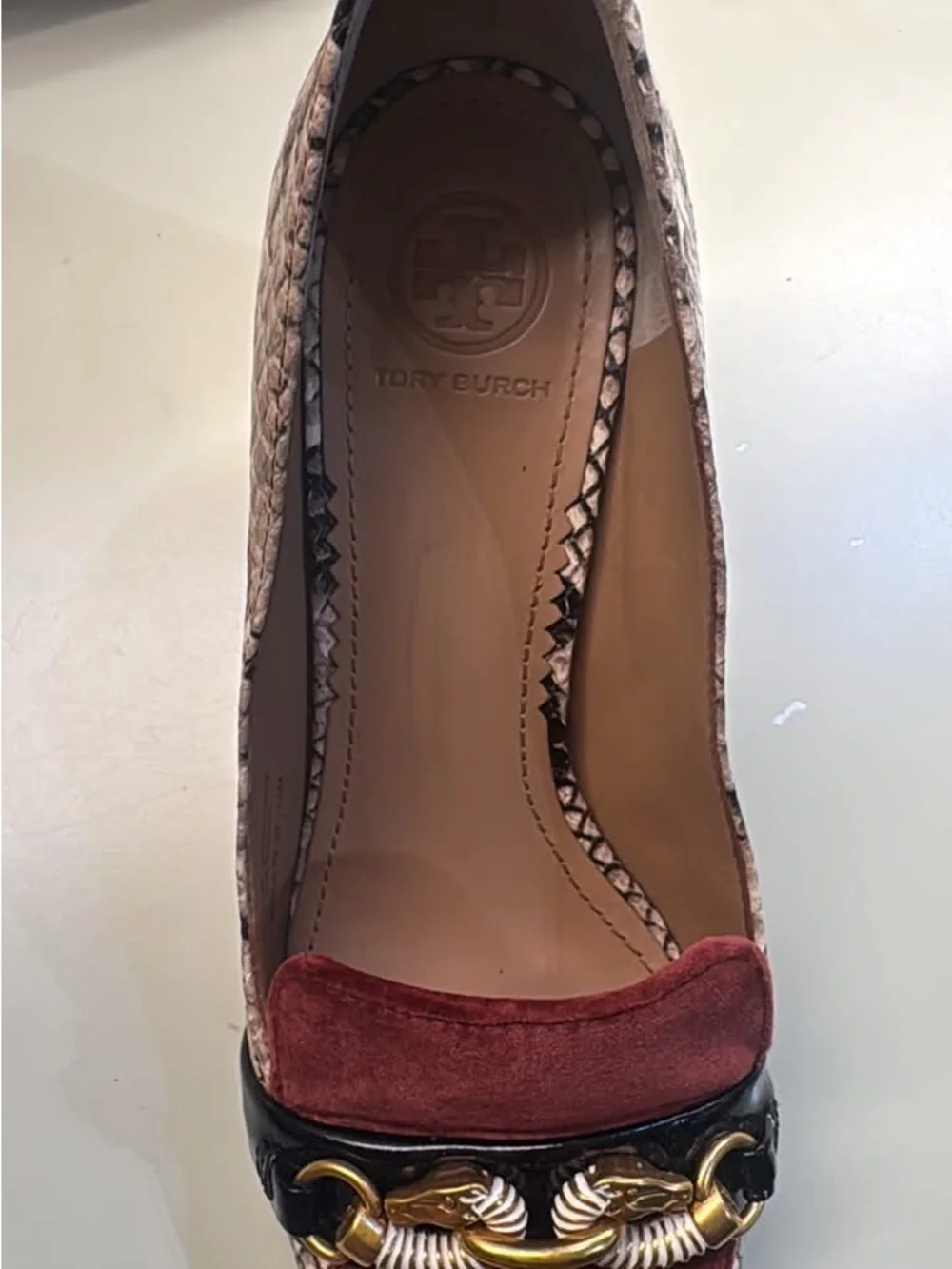 Tory Burch Burgundy Suede & Snakeskin Trim Loafers with Gold Chain